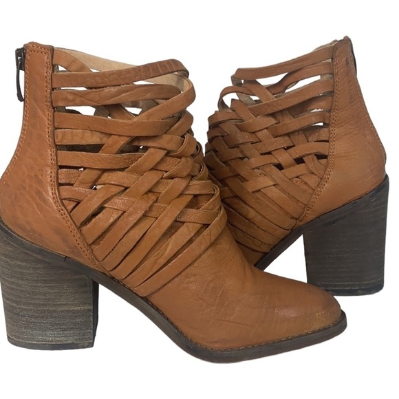 - Free People Brown Distressed Leather Carrera Criss-Cross Stacked Heel Bootie - Picture 3 of 10
